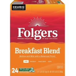 Folgers Breakfast Blend Coffee, Light Roast, 0.24 oz. Keurig® K-Cup® Pods, 24/Box (000370677/6684)