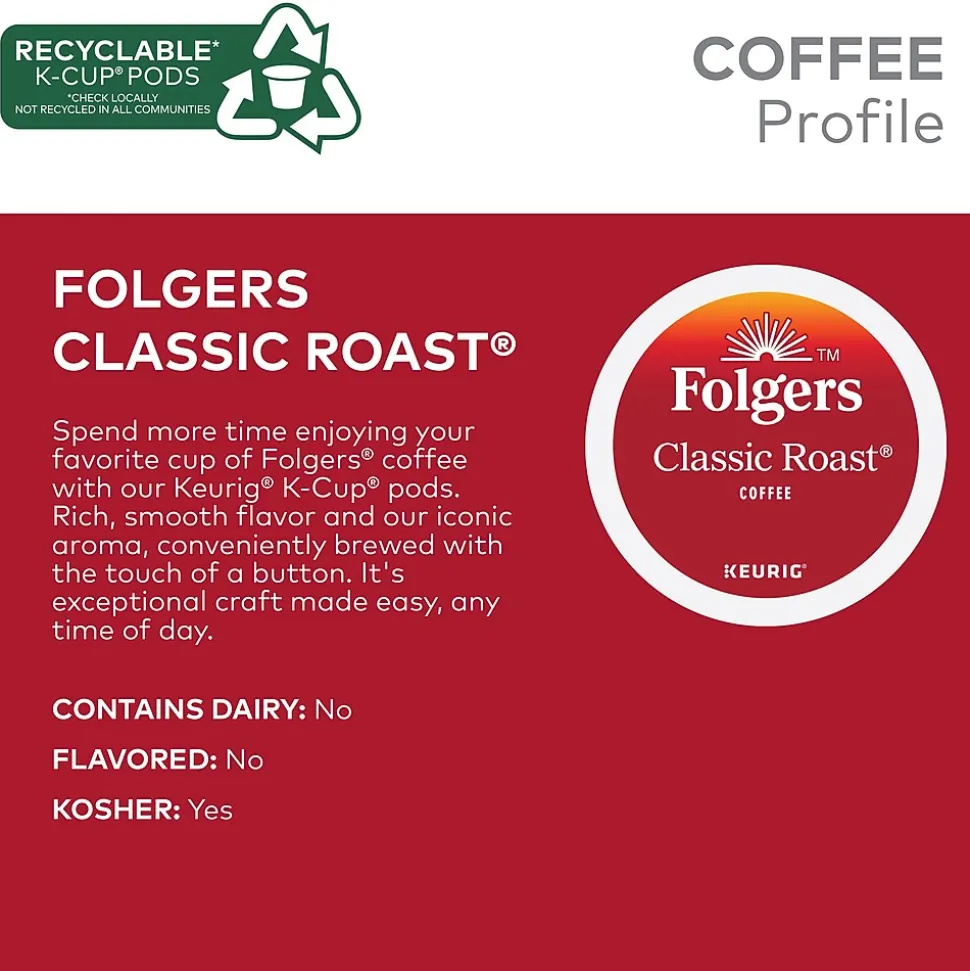 Folgers Classic Roast Coffee Keurig® K-Cup® Pods, Medium Roast, 96/Carton (204496)