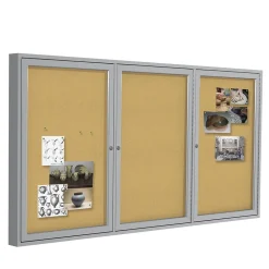 Ghent 4' H x 6' W Enclosed Natural Cork Bulletin Board with Satin Frame, 3 Door (PA34872K)