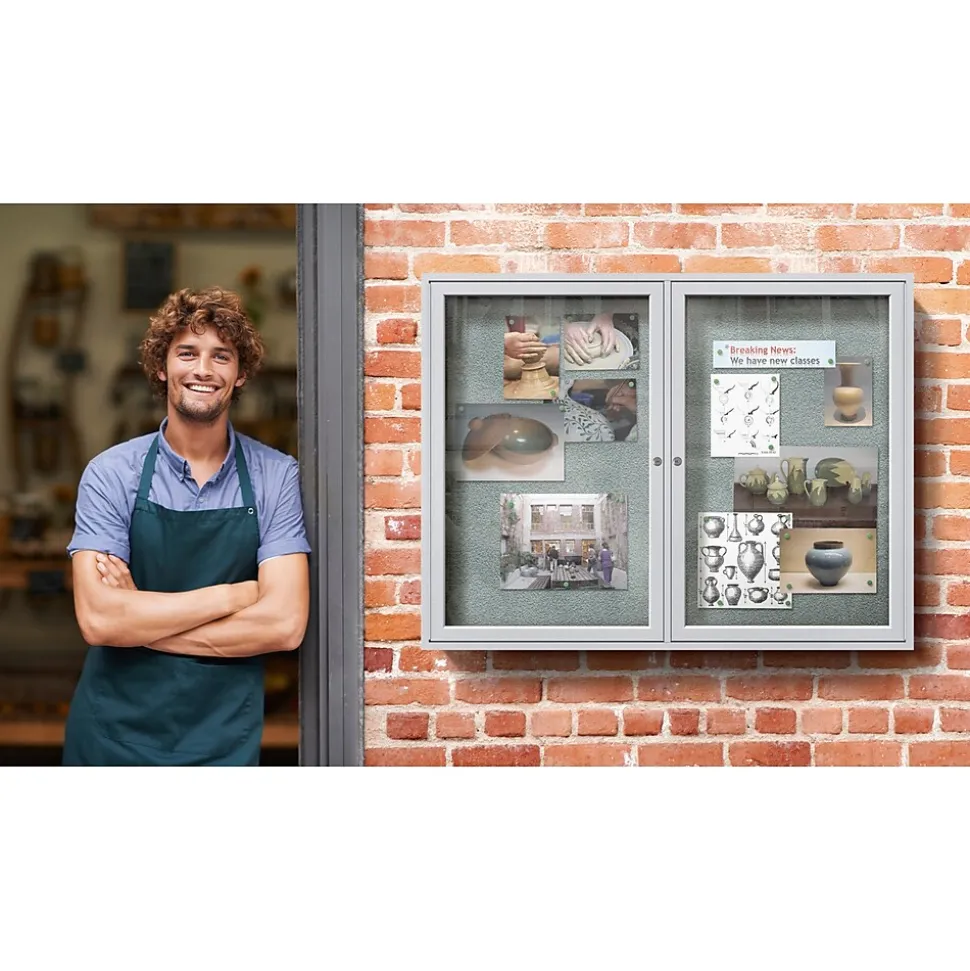 Ghent 3' H x 5' W Enclosed Vinyl Bulletin Board with Satin Frame, 2 Door, Silver (PA23660VX-193)