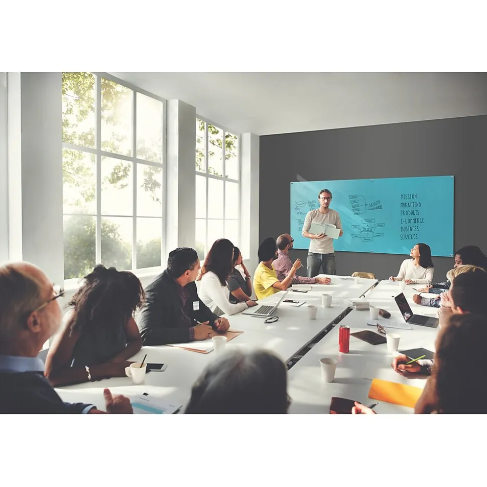 Ghent Harmony 4'H x 8'W Magnetic Glass Whiteboard with Square Corners, Blue (HMYSM48BE)