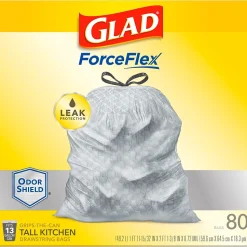 Glad ForceFlex 13-Gallon Scented Kitchen Trash Bag, 0.72 mil, Gain Original, White, 80 Bags/Box (79009)