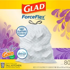 Glad ForceFlex Tall Kitchen Drawstring Trash Bags, 13 Gallon, Gain Lavender with Febreze Freshness, 80 Count (78533)