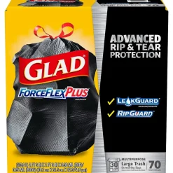 Glad ForceFlexPlus 30 Gallon Trash Bag, 5.31" x 10.06", Low Density, 0.90 mil, Black, 70/Box (70358)