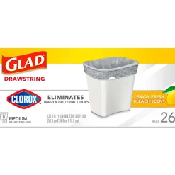 Glad Medium Drawstring Trash Bags with Clorox, 8 Gallon, Grey, Lemon Fresh Bleach Scent, 26/Box(79316)