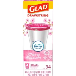 Glad Odorshield 4 Gallon Drawstring Kitchen Trash Bag, Febreeze Cherry Blossom, Pink, 34 Bags/Box (79274)