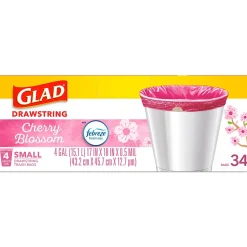 Glad Odorshield 4 Gallon Drawstring Kitchen Trash Bag, Febreeze Cherry Blossom, Pink, 34 Bags/Box (79274)
