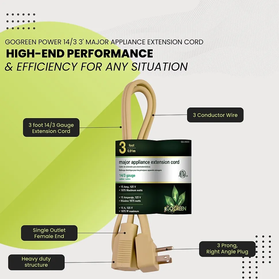 GoGreen Power 14/3 3' Appliance Cord, Beige, 3/Pack (GG-25603)