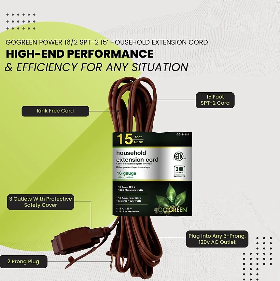 GoGreen Power 15' Extension Cord, 3-Outlet, 16 AWG, Brown (GG-24815-3)