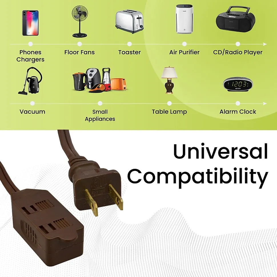 GoGreen Power 15' Extension Cord, 3-Outlet, 16 AWG, Brown (GG-24815-3)