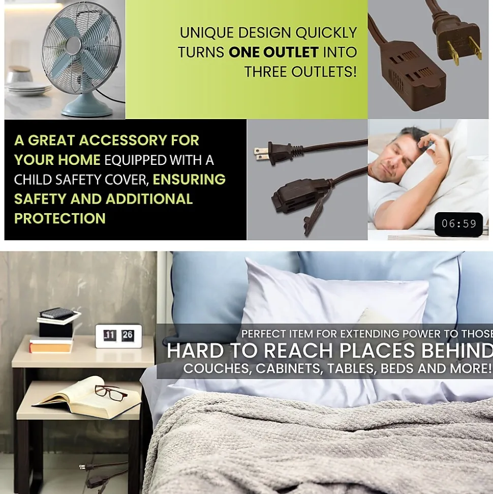 GoGreen Power 15' Extension Cord, 3-Outlet, 16 AWG, Brown (GG-24815-3)