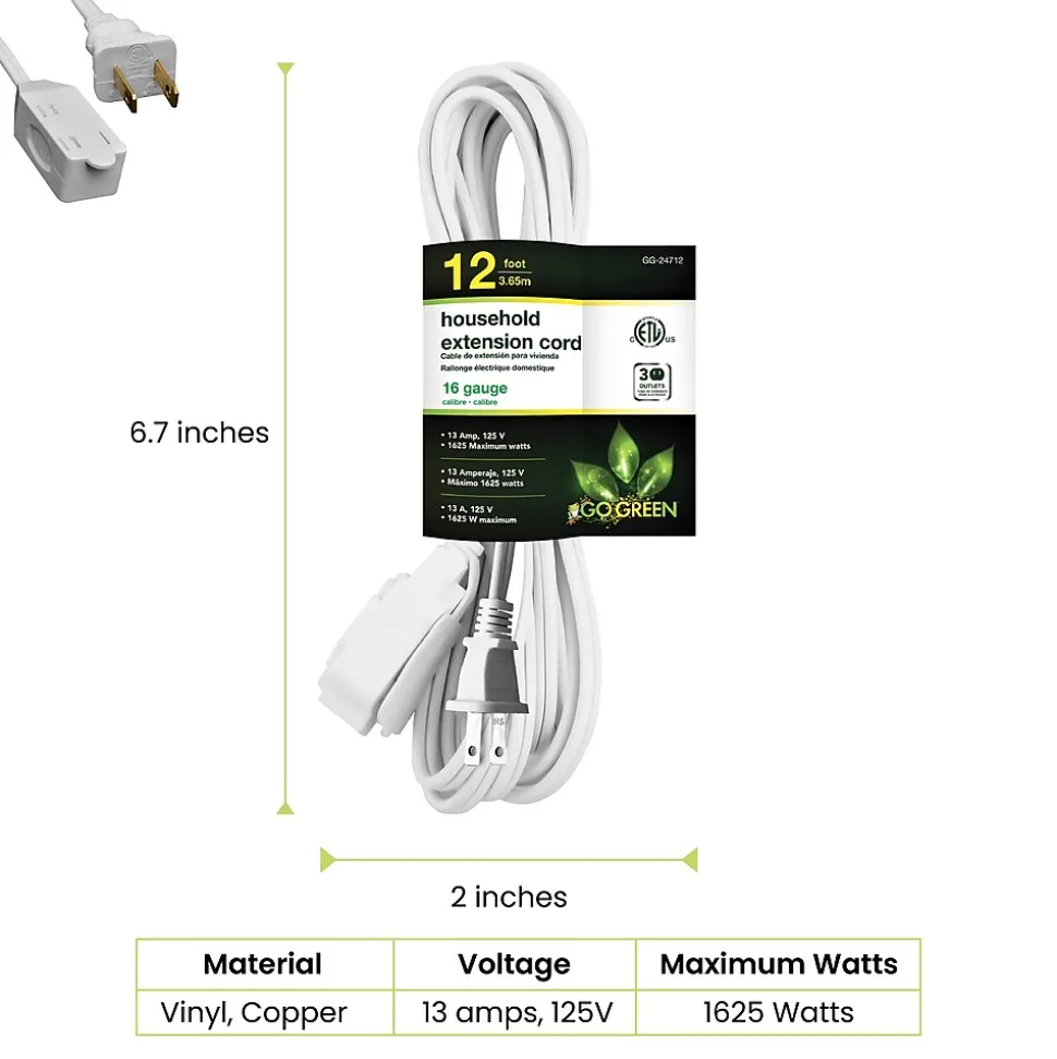 GoGreen Power 12' Extension Cord, 3-Outlet, 16 AWG, White (GG-24712-3)