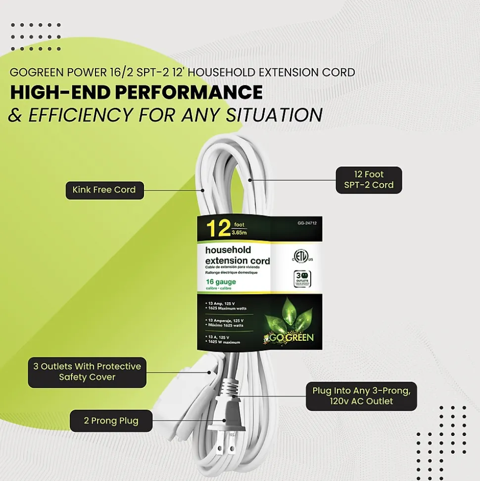 GoGreen Power 12' Extension Cord, 3-Outlet, 16 AWG, White (GG-24712-3)