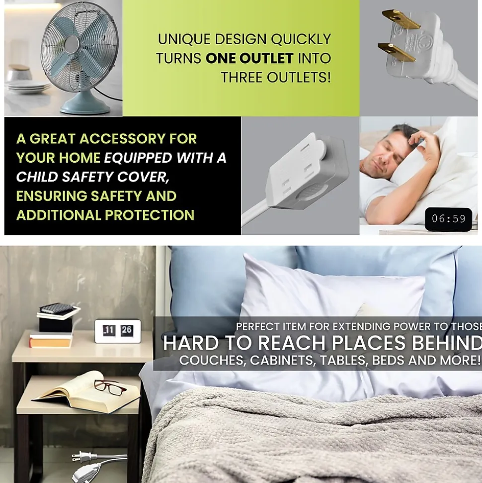 GoGreen Power 12' Extension Cord, 3-Outlet, 16 AWG, White (GG-24712-3)