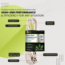 GoGreen Power 8' Extension Cord, 3-Outlet, 16 AWG, White (GG-19608)