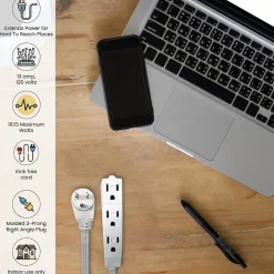 GoGreen Power 15' Extension Cord, 3-Outlet, 16 AWG, White (GG-19615)