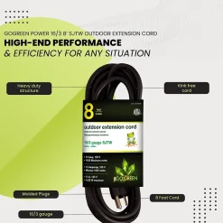 GoGreen Power 8' Indoor/Outdoor Extension Cord, 16 AWG, Black (GG-13708BK)