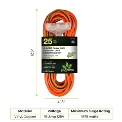 GoGreen Power 25' Indoor/Outdoor Extension Cord, 3-Outlet, 14 AWG, Orange (GG-15125)