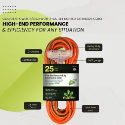 GoGreen Power 25' Indoor/Outdoor Extension Cord, 3-Outlet, 14 AWG, Orange (GG-15125)