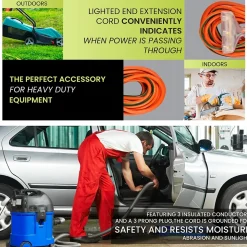 GoGreen Power 100' Indoor/Outdoor Extension Cord, 3-Outlet, 14 AWG, Orange (GG-15100)