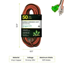 GoGreen Power 50' Indoor/Outdoor Extension Cord, 12 AWG, Orange (GG-14050)