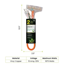 GoGreen Power 2' Indoor/Outdoor Extension Cord, 3-Outlet, 12 AWG, Orange (GG-15302)