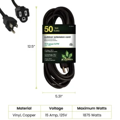 GoGreen Power 50' Indoor/Outdoor Extension Cord, 14 AWG, Black (GG-13850BK)