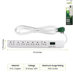 GoGreen Power 6' Metal Surge Protector, 7 Outlets, White (GG-17636)