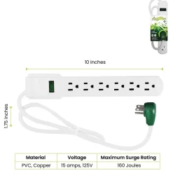 GoGreen Power 6 Outlet Surge Protector, 2.5' Cord, White (GG-16103MS)