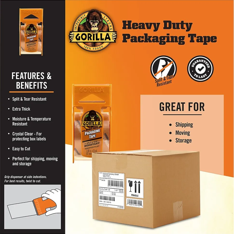 Gorilla Heavy Duty Packing Tape with Dispenser, 1.88" x 25 yds., Clear, 4/Pack (102680)