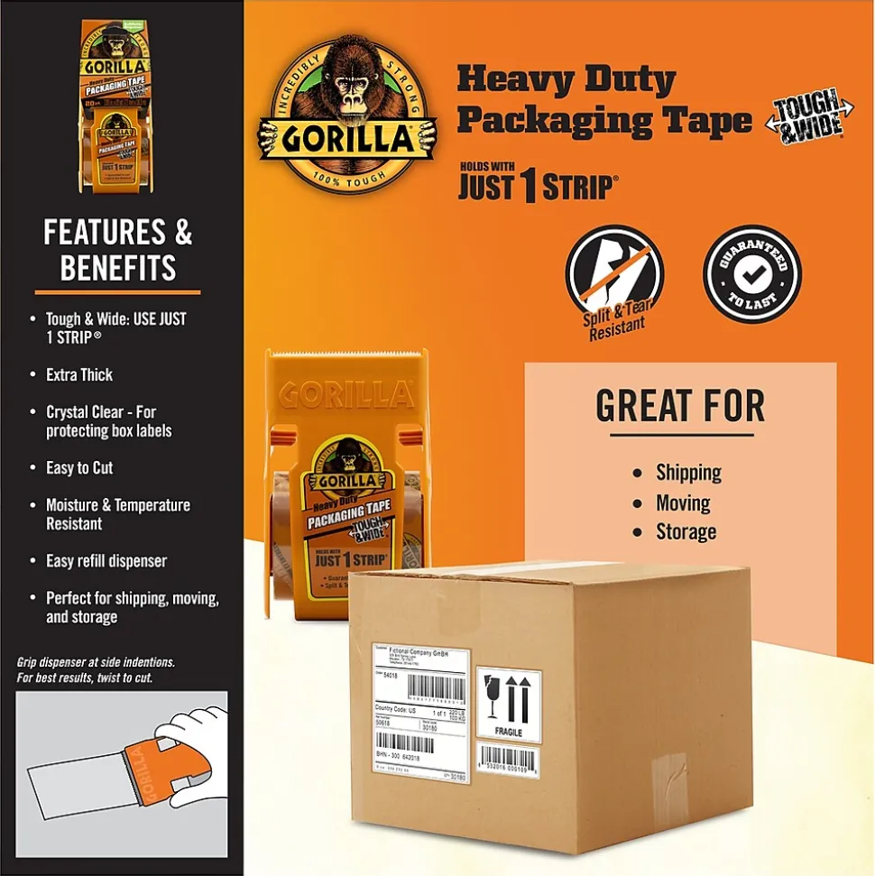 Gorilla Heavy Duty Tough & Wide Packaging Tape with Dispenser, 2.88" x 20 yds., Clear (6020001)