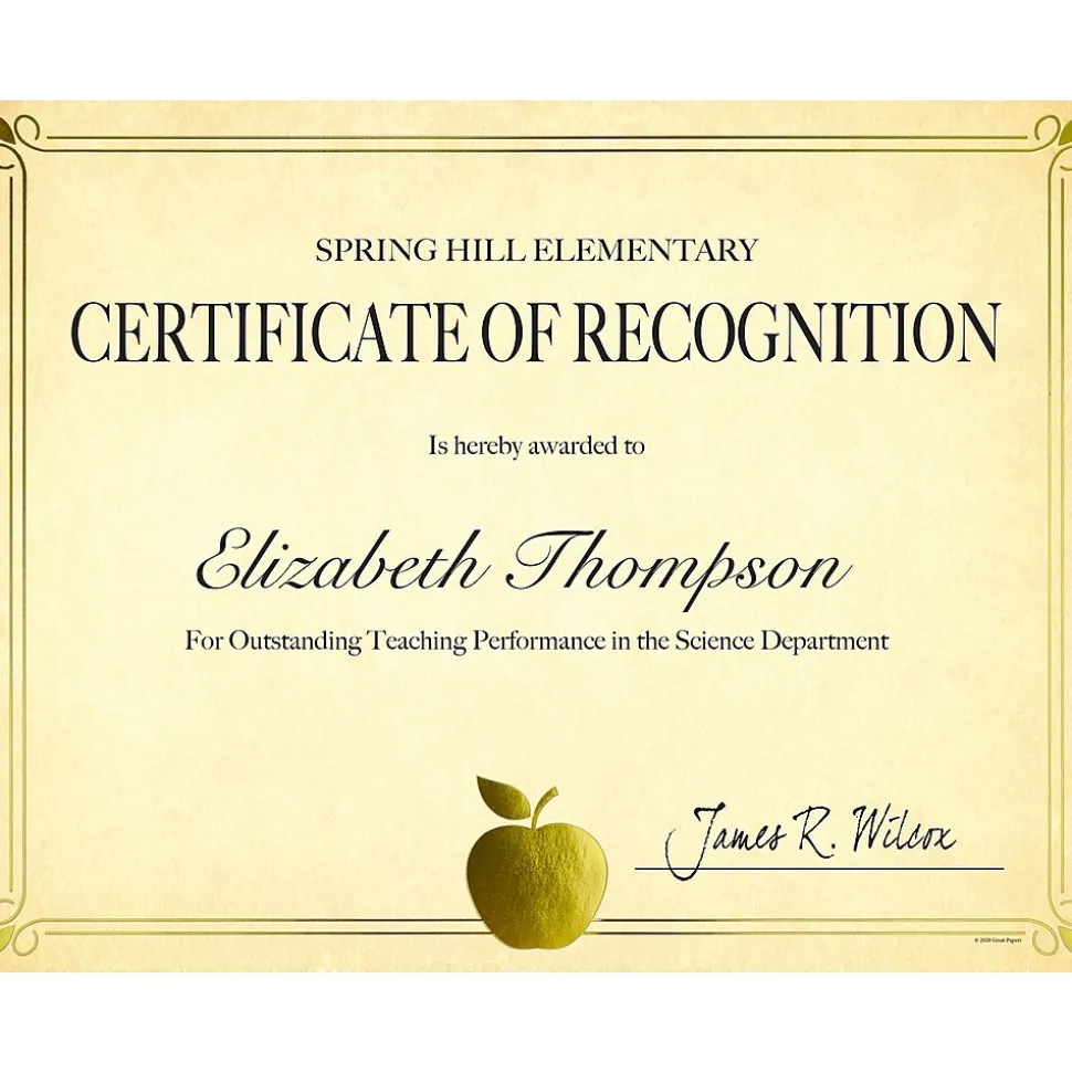 Great Papers Bright Apple Certificates, 8.5" x 11", Yellow/Gold, 15/Pack (2020003)