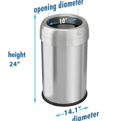 halo Stainless Steel Round Open Top Trash Can with Dual AbsorbX Odor Control System, Silver, Silver, 13 Gal. (OT13STR)
