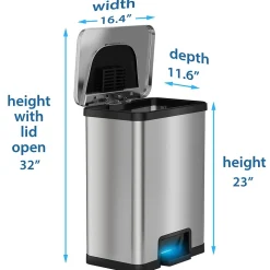 halo TapCan Stainless Steel Rectangular Pedal Sensor Trash Can with AbsorbX Odor Control System, Black Trim, 13 Gal. (TC13SB)