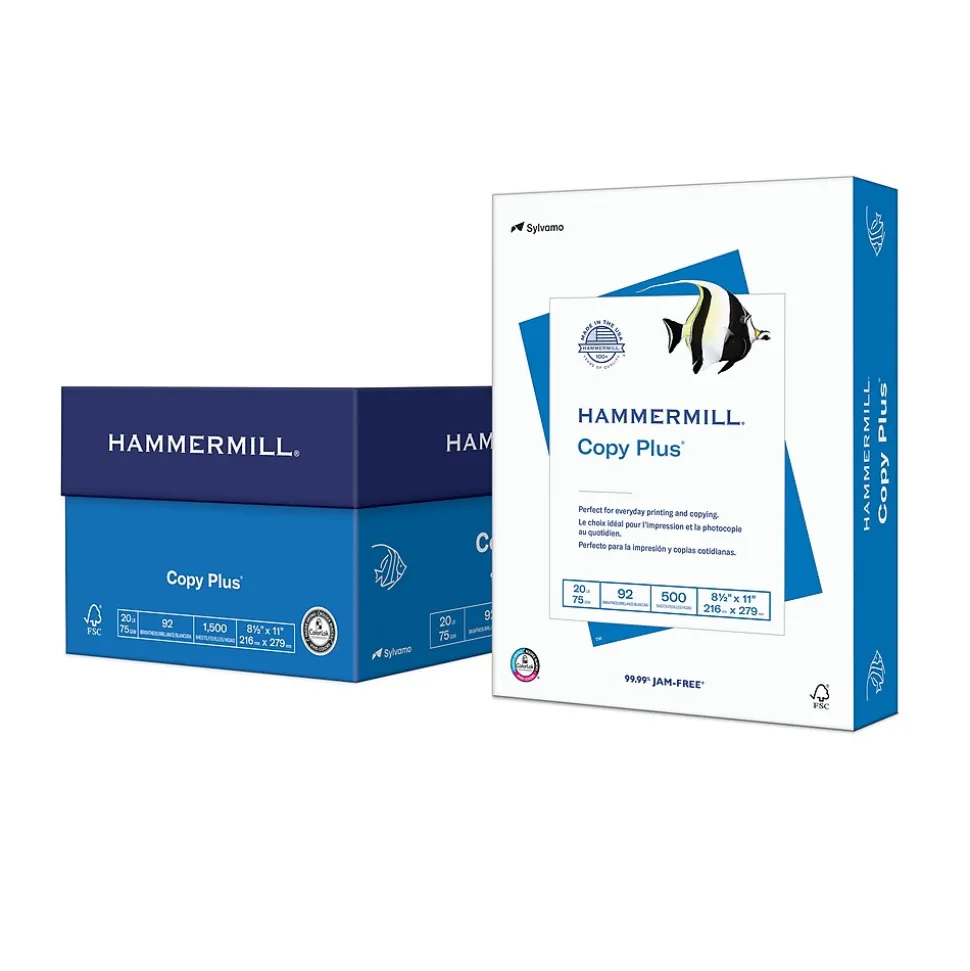 Hammermill Copy Plus 8.5" x 11" Copy Paper, 20 lbs., 92 Brightness, 1500 Sheets/Carton (105040)