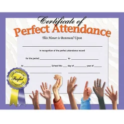 Hayes Publishing Certificate of Perfect Attendance, 30 Per Pack, 3 Packs (H-VA613-3)