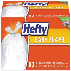 Hefty Easy Flaps 13 Gallon Trash Bag, 23.75" x 28", Low Density, 0.69 mil, White, 80 Bags/Box (PCTE84563)
