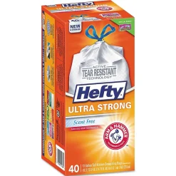 Hefty Ultra Strong 13 Gallon Kitchen Trash Bag, 23.75" x 24.88", Low Density, 0.9 mil, White, 40 Bags/Box (RFPE84638)