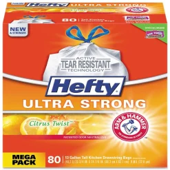Hefty Ultra Strong 13 Gallon Scented Kitchen Trash Bag, 23.75" x 24.88", Low Density, 0.9 mil, Citrus Twist, White, 80 Bags/Box