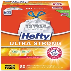 Hefty Ultra Strong 13 Gallon Scented Kitchen Trash Bag, 23.75" x 24.88", Low Density, 0.9 mil, Citrus Twist, White, 80 Bags/Box