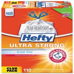 Hefty Ultra Strong 13 Gallon Kitchen Trash Bag, 23.75" x 24.88", Low Density, 0.9 mil, White, 110 Bags/Box (PCTE88368CT)