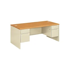 HON 38000 Series 72"W Double Pedestal Desk, Harvest Oak/Putty (HON38180CL)