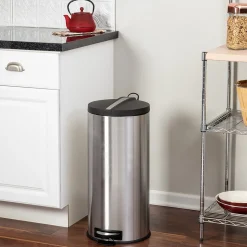 Honey-Can-Do Steel Indoor Round Step Trash Can with Hinged Lid, 7.92 Gallon, Silver (TRS-09075)