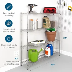 Honey-Can-Do 4-Tier Slim Profile Wide Shelving Unit, 48" x 10" x 48", Chrome (SHF-10023)