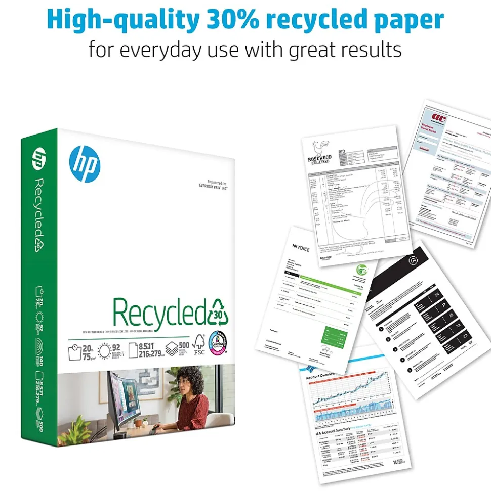 HP 30% Recycled 8.5" x 11" Multipurpose Paper, 20 lbs., 92 Brightness, 5000 Sheets/Carton (HPE1120)