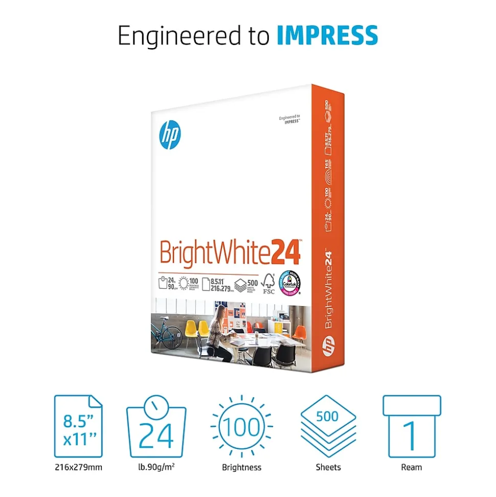 HP BrightWhite24 8.5" x 11" Inkjet Paper, 24 lbs., 100 Brightness, 500 Sheets/Ream (HPB1124)