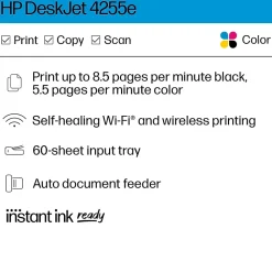 HP DeskJet 4255e Wireless All-in-One Color Inkjet Printer, Scanner, Copier, Best for Home, 3 Months of Ink Included (588S6A)