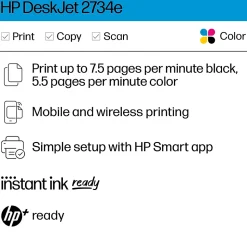 HP DeskJet 2734e Wireless Color Inkjet Printer, All-In-One, Print, Scan, Copy, 6 Months FREE Ink with HP+ (26K72A#B1H)