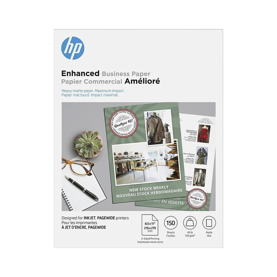HP Enhanced Business Inkjet 8.5" x 11" Multipurpose Paper, 40 lbs., 150 Sheets/Pack (9ZE20A)