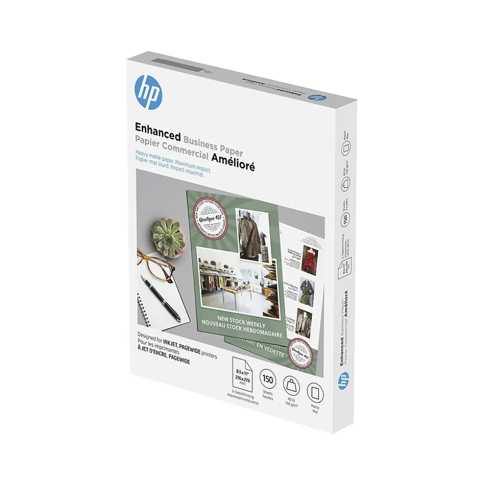 HP Enhanced Business Inkjet 8.5" x 11" Multipurpose Paper, 40 lbs., 150 Sheets/Pack (9ZE20A)